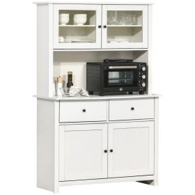 63.5" Kitchen Buffet with Hutch, Pantry Storage Cabinet with 4 Shelves, Drawers, Framed Glass Doors, Open Microwave Countertop, Antique White