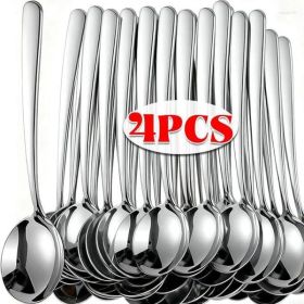 Color: 1PC-18cm - Spoons Stainless Steel Round Head Silver Coffee Teaspoon Ice Cream Cake Dessert Spoon Kitchen Restaurant Dining Tableware