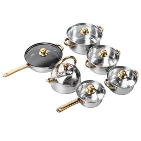 12Pcs Kitchen Pots Stainless Steel Golden Handle Smoothing Sturdy Easy To Clean Cookware Set For Home Cooking