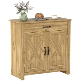 Farmhouse Sideboard Buffet Cabinet, Barn Door Coffee Bar Cabinet with Drawer and Adjustable Shelf for Kitchen, Living Room, Entryway, Natural Wood Eff