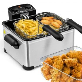 Electric Deep Fryer 5.3QT/21-Cup Stainless Steel 1700W with Triple Basket-Silver - Color: Silver