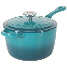 Crock-Pot Artisan 3 Quart Enameled Cast Iron Saucepan with Lid in Teal and Silver