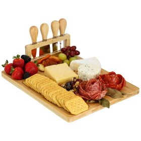 MegaChef Bamboo Charcuterie and Cheese Board with Knife Stand Attachment and 4 Piece Knife Set