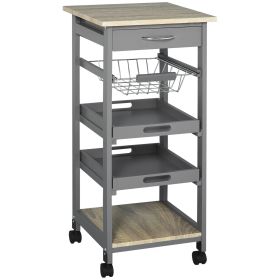 Rolling Kitchen Cart with Pull-Out Tray, Slide-Out Basket, and Rolling Island, Gray