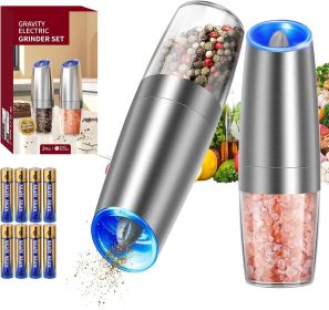 Gravity Electric Salt and Pepper Grinder Set Stainless Steel Automatic Salt and Pepper Grinder Set, Battery Operated, LED Light, Adjustable Coars