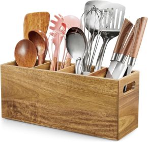 Acacia Wood Utensil Holder with Removable Divider - 4 Compartment Wooden Utensil Caddy Organizer for Kitchen Counter - Cooking Utensil Crock for