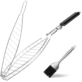 Fish Grill Basket, Heavy Duty Stainless Steel Grilling Basket with Removable Wooden Handle & Bonus Basting Brush