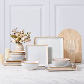 Square Dinnerware Sets for 4, 12-Piece Stoneware Dish and Bowls Set, Handmade Reactive Glaze Coupe Plates Set