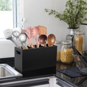 Black Kitchen Utensil Holder for Countertop - Wooden Large Utensil Caddy Organizer for Counter - 3 Compartment Cooking Utensil Crock for Silverwa