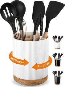 7.5" Utensil Holder, 3 Compartment Ceramic Kitchen Utensil Holder with Cork Bottom, Large Utensil Crock for Countertop