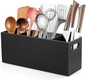 Large Utensil Holder with Removable Divider - 4 Compartment Wooden Utensil Caddy Organizer for Kitchen Counter - Black Cooking Utensil Crock for
