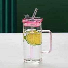 1 Pcs Pink Glass Straw Cup, 6 Colors Square Glass Cup With Straw And Lid, High Borosilicate Glass Cup, Milk Cup, Juice Cup, Cold Drink Cup, Coffee Cup (Option: Pink)