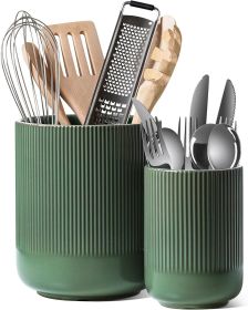 Utensil Holder for Kitchen Counter, 7.3"+5.4" Fluted Ceramic Utensil Crock Organizer for Countertop, Heavy Large Holder for Spatulas, Spoons, Set (Material: Ceramic)